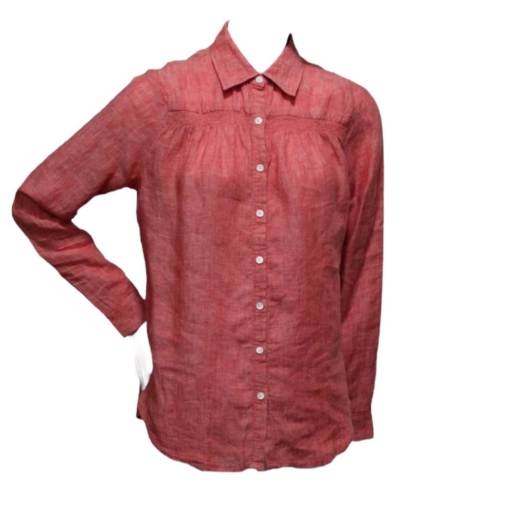 LANDS’ END 100% Linen Smocked L/S Button Down Shirt in Orange/Red Size XS P 2-4) - Picture 4 of 11